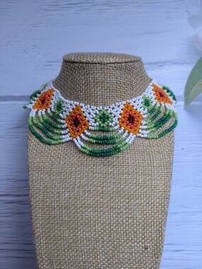 Handmade Green and Orange Seed Bead  Necklace